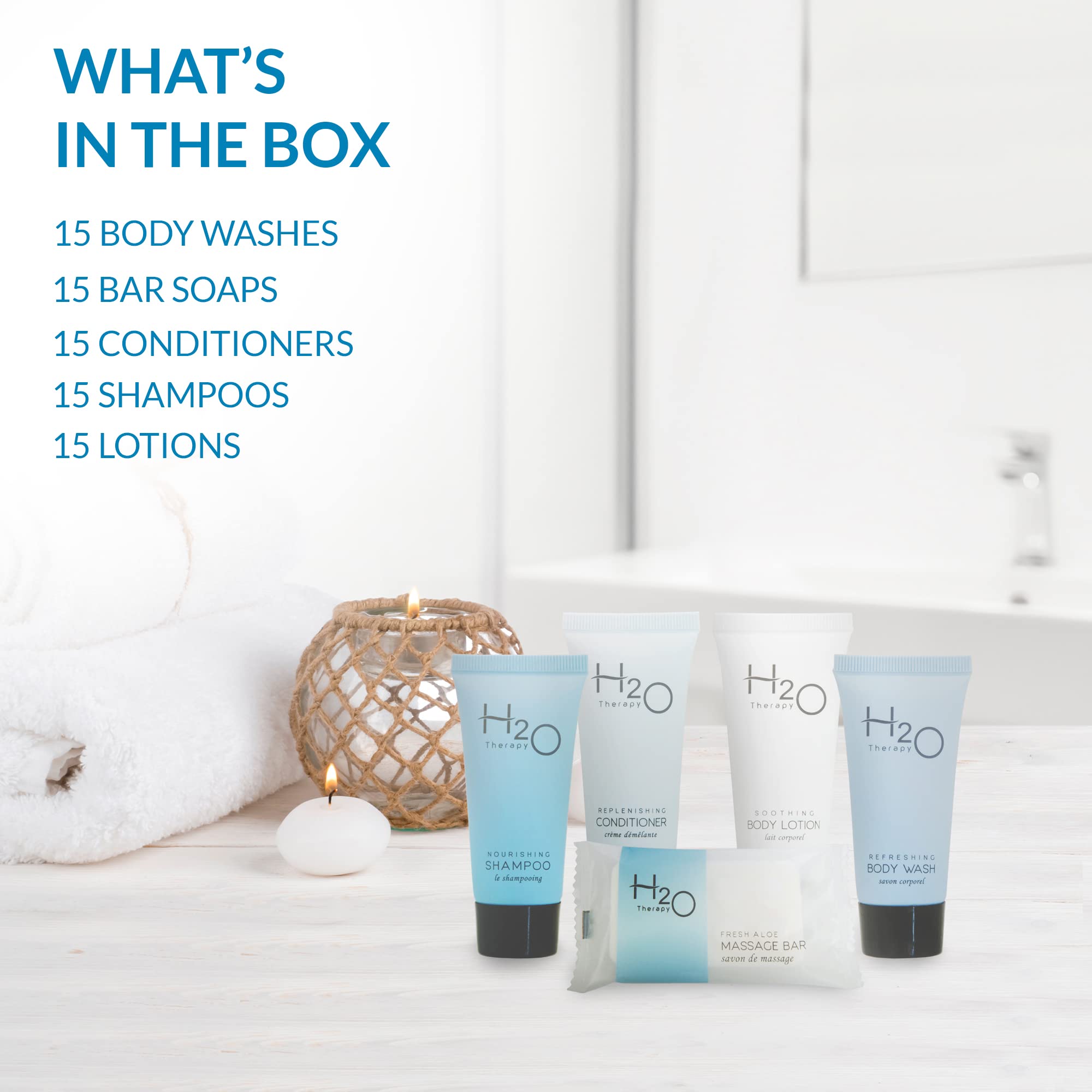 H2O Therapy Amenity & Accessory Kit | 0.85 oz Travel Size Shampoo, Conditioner, Lotion, Body Wash, Massage Bar, Cleansing Bar, Shave & Dental Sets, Make-Up Remover Wipes, & Vanity Kit | 15 sets/case