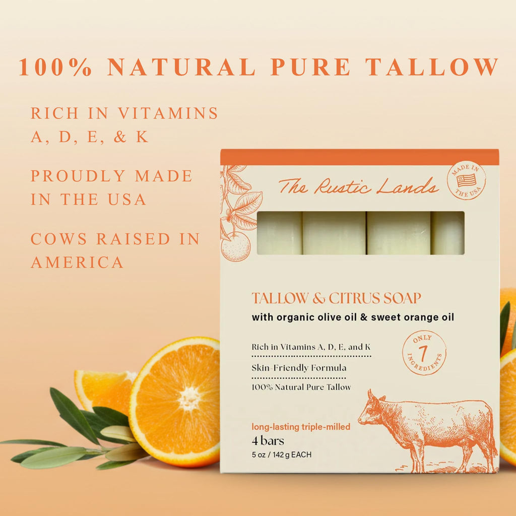 THE RUSTIC LANDS Beef Tallow Soap Bars – Natural Moisturizing Bar Soap with Citrus Scent – Gentle Soap for Sensitive Skin Face & Body – Made in USA – Tallow & Citrus Soap - 4 Pack (5 oz Each)