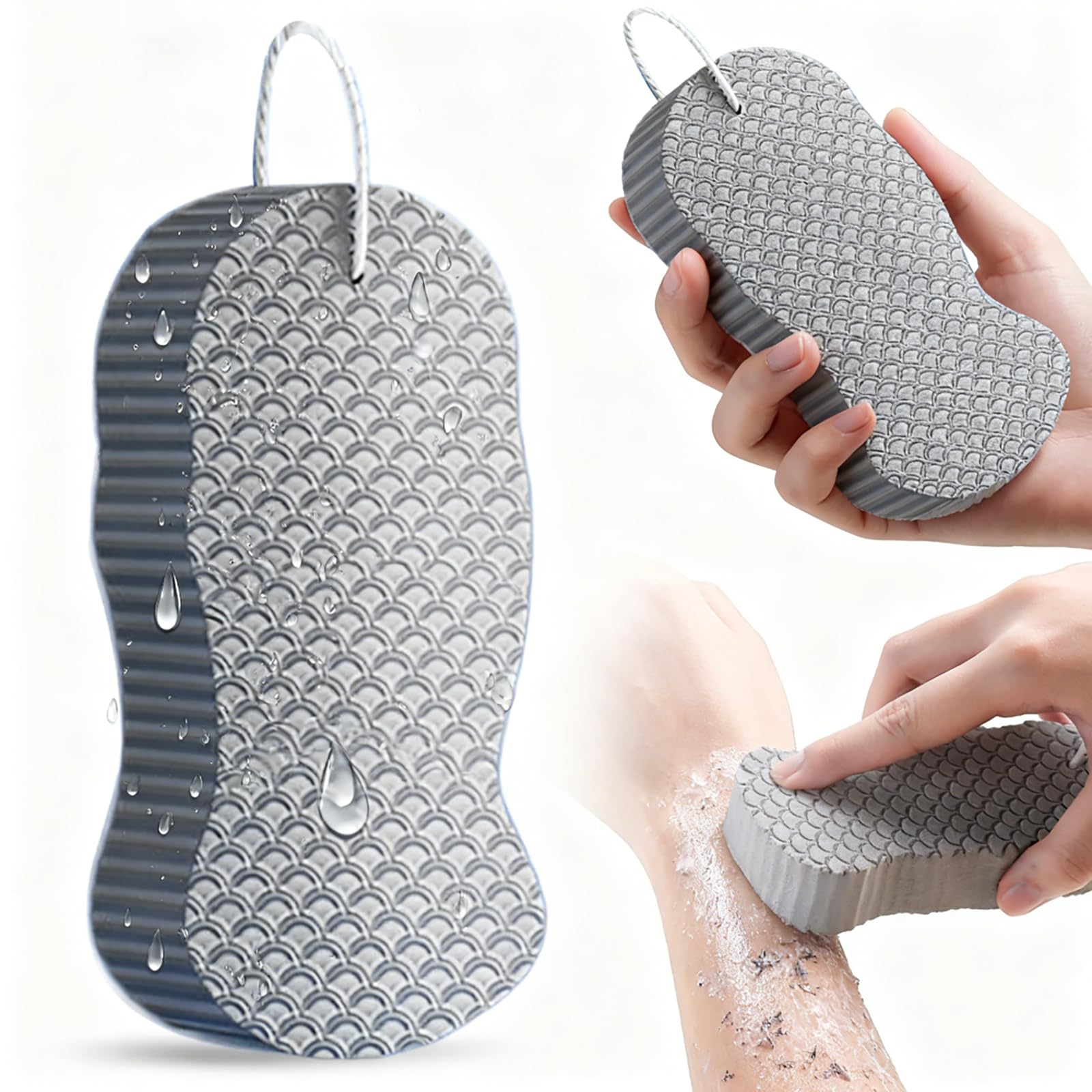 Magic Exfoliating Bath Sponge, 3D Super Soft Exfoliate Body Scrubber, Reusable Handheld Shower Brush Remover Dead Skin for Adults Women Men Cleansing Skin No Silicone Net Sponge (Grey)