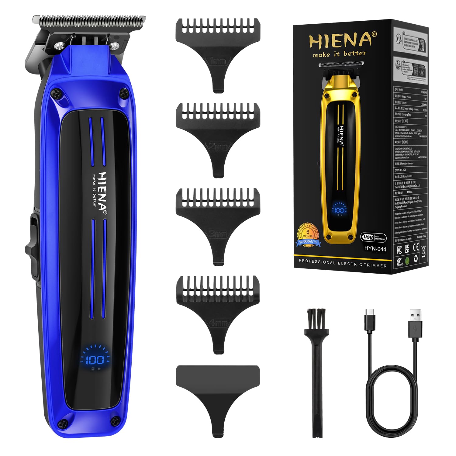 HIENA PRO Professional Electric Hair Trimmer for Men, Cordless Clipper Barber Haircut Tool with USB, Rechargeable T-Blade Precision Beard Trimmer, Perfect Gifts for Men(Blue)