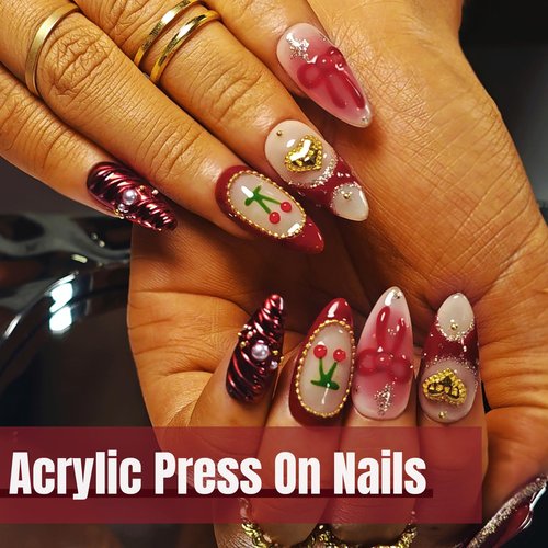 Handmade Acrylic Press On Nails Almond, Red Press On Nails Medium, Ombre Blush 3D Nails Red Chrome Cherry Bow Heart For Women Gift, Reusable Stick On Fake Nails Kit With Nail Glue(Crimson Cutie-M)