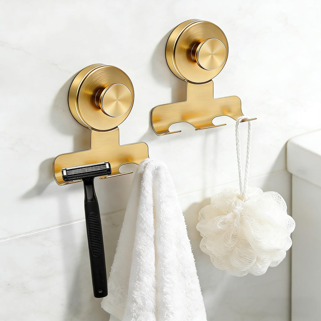 IGDALAR Suction Cup Razor Holder, 2 Pack Steel Wall Mount, No-Drill Bathroom Storage with 15 lbs Capacity, Modern Twist Lock Design for Shower Razors, Towels and Loofahs (Glod)
