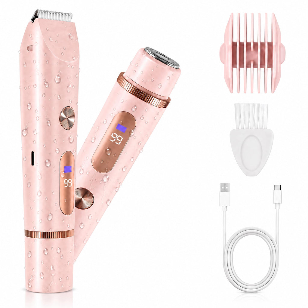AiooTisu Painless Bikini Trimmer for Women - 2-in-1 Electric Shaver for Sensitive Skin, No Nick No Cut, Waterproof & Rechargeable, Dual Head Razor for Bikini, Face & Body