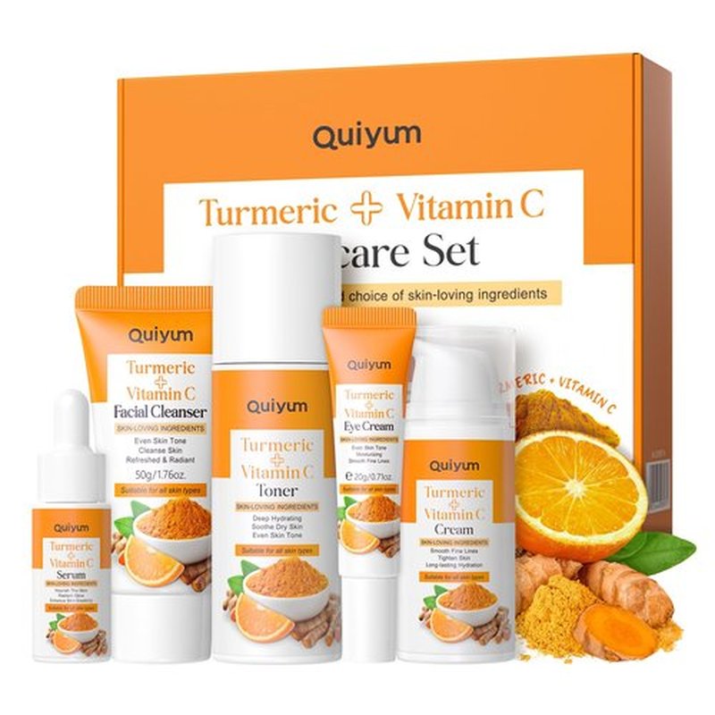 QUIYUM Skin Care Set, Turmeric Vitamin C Skincare Kits 5PCS - Beauty Facial Skin Care Routine Set Kit for Women, Dark Spot Remover for Face, Reduce Acne, Even Tone, Glow, Valentine's Day Birthday Gift