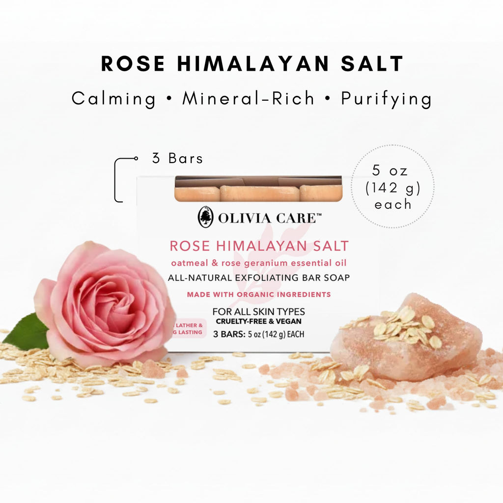 Olivia Care Exfoliating Bar Soap With Rose Himalayan Salt Natural & Organic - Infused w/Oatmeal & Rose Essential Geranium Oil - Moisturize, Detoxify, Hydrate - 3 X 5 OZ
