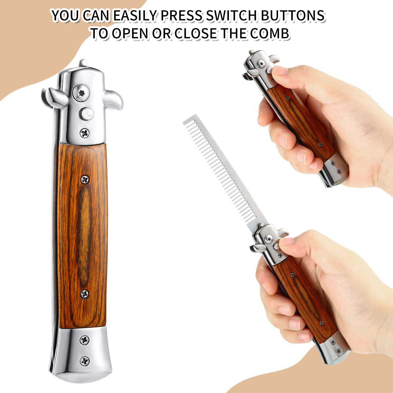 Chengu 2 Pieces Wood Grain Switchblade Blade Pocket Hair Brush Comb Automatic Push Button Brush and Folding Butterfly Stainless Steel Training Practice Comb Outdoor(Iridescent)