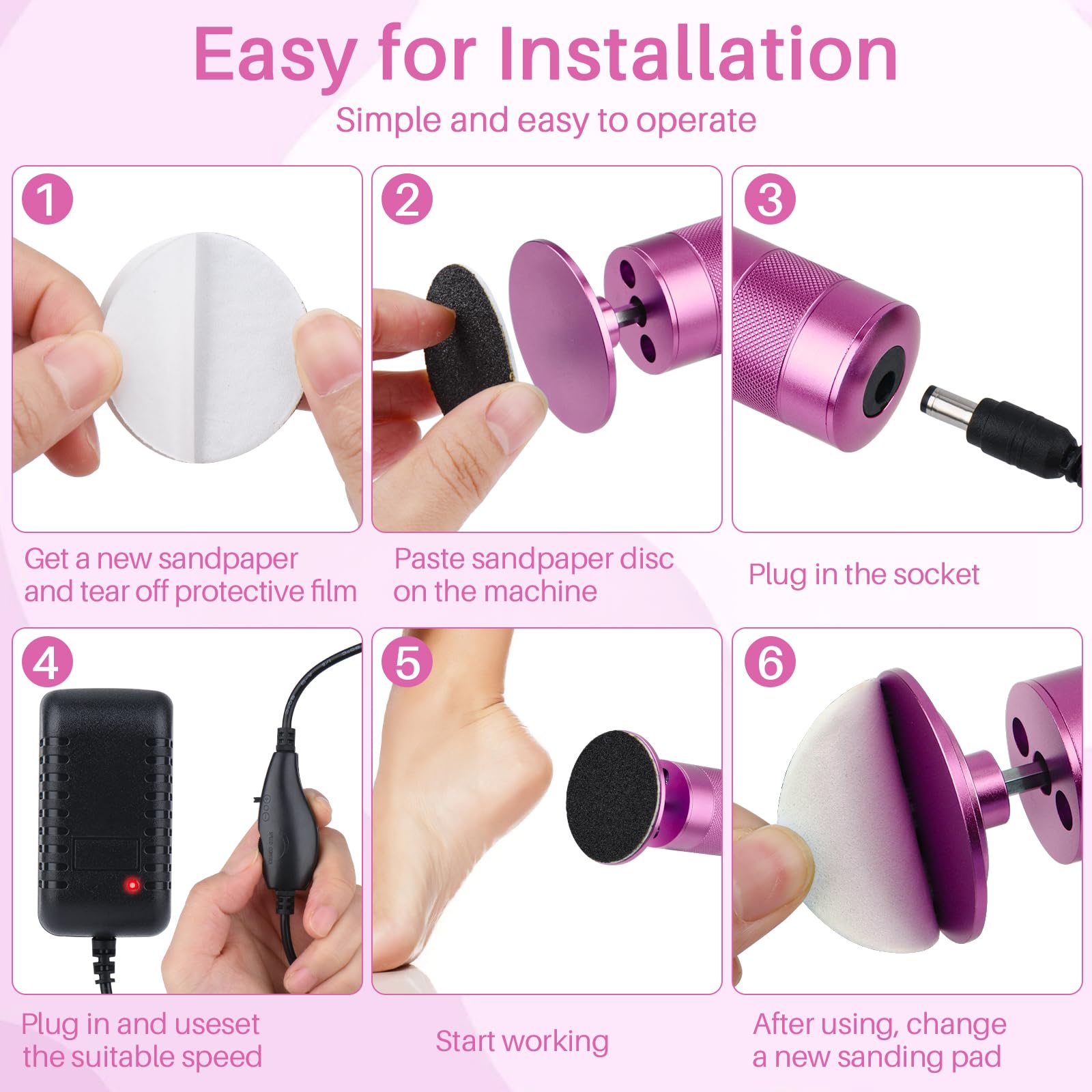 Electric Foot Callus Remover, 2-in-1 Electric Foot Filer/Nail Filer, Callus Remover for Feet with 60Pcs+12Pcs Sandpaper Discs，Holiday Gift Foot Repair Tool, Pink