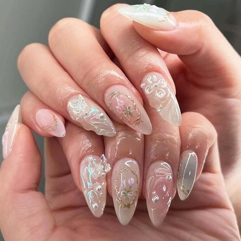 Rilafuvu Short Press-on Nails - Almond, Pearl, 3D Butterfly & Wave Acrylic, Floral Nail Art, Nude, 24pcs
