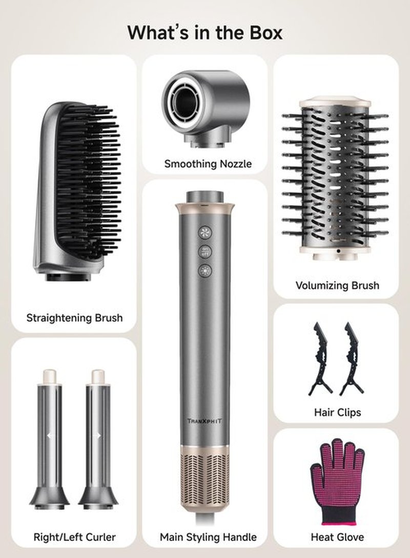 TRANXPHIT 5-in-1 High Speed Hair Dryer Brush – Ionic Hot Air Brush Styler Set for Fast Drying, Straightening, Curling & Volumizing – Lightweight Travel Design Hair Styling Tool
