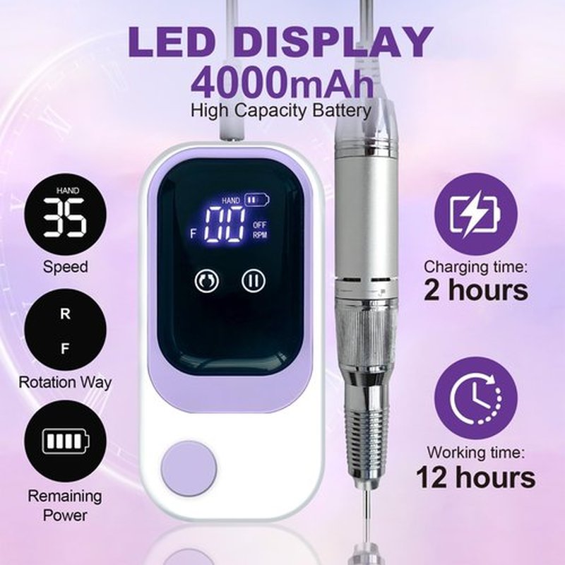 Nail Drill Professional Electric 35000RPM Nail Drill Kits Purple Portable Nail E File Machine with Bits & Base for Acrylic Gel Nail Polish Remover Cordless Rechargeable Nails Manicure for Salon Home