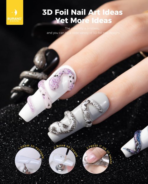 BURANO 3D Nail Foil Glue Gel, 8G 3D Gel Nail Art Foil Gel for Nails 1 Bottle with 10PCS Foils Sticker, Transfer Gel Foil Adhesive Glue Nails Design Foil UV LED Lamp Required
