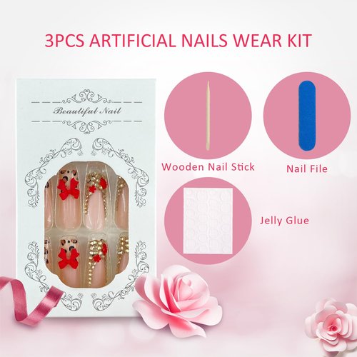 Gold Bling Rhinestones Press on Nails Long Square Fake Nail Leopard Print French Tip False Nails with Red Bow Charms Designs Full Cover Artificial Stick on Nail Acrylic Glue on Nail for Women 24 Pcs