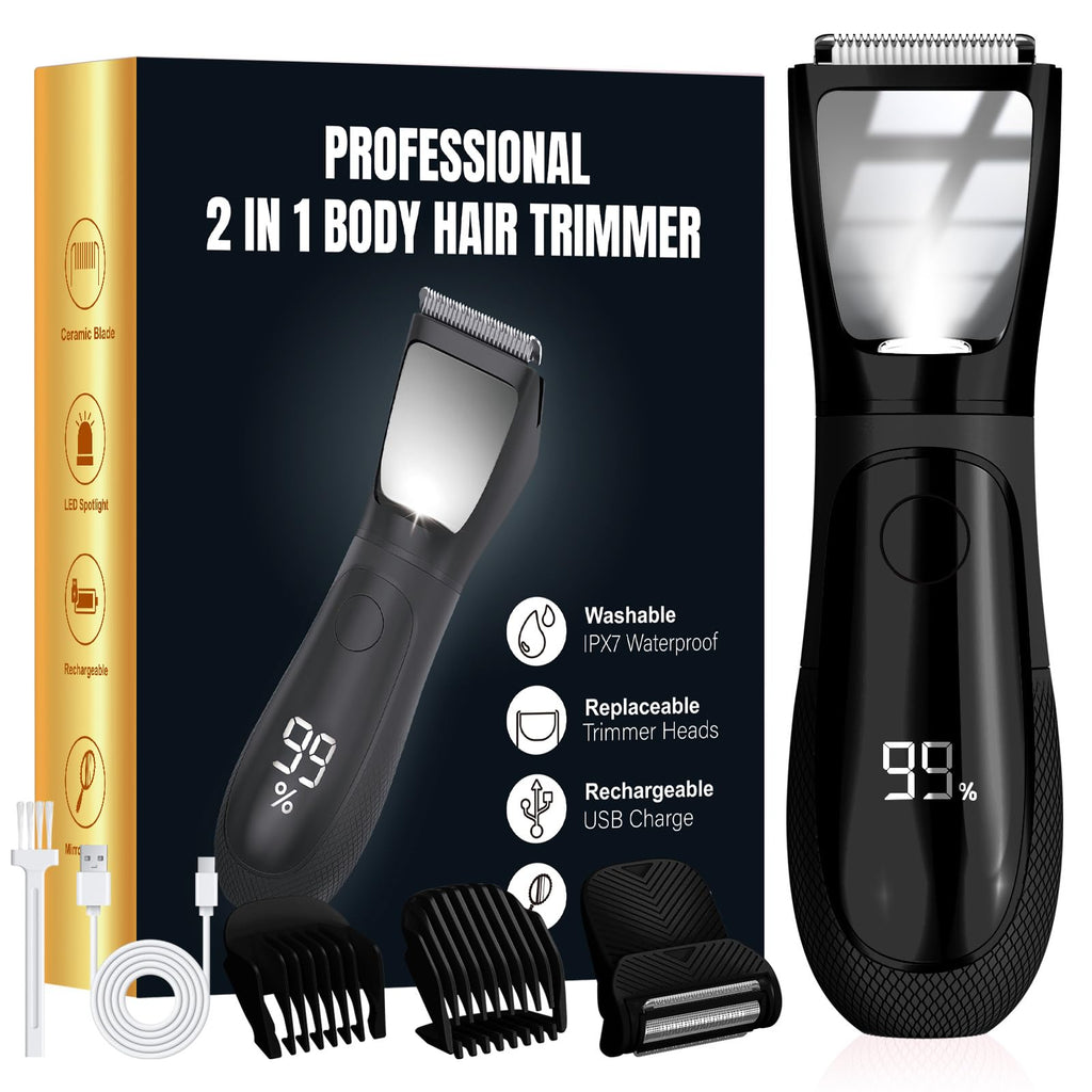 NIPOO IPX7 Body Hair Shaver with Mirror LED Light Painless Pubic Hair Arm Armpit Trimmer, Black