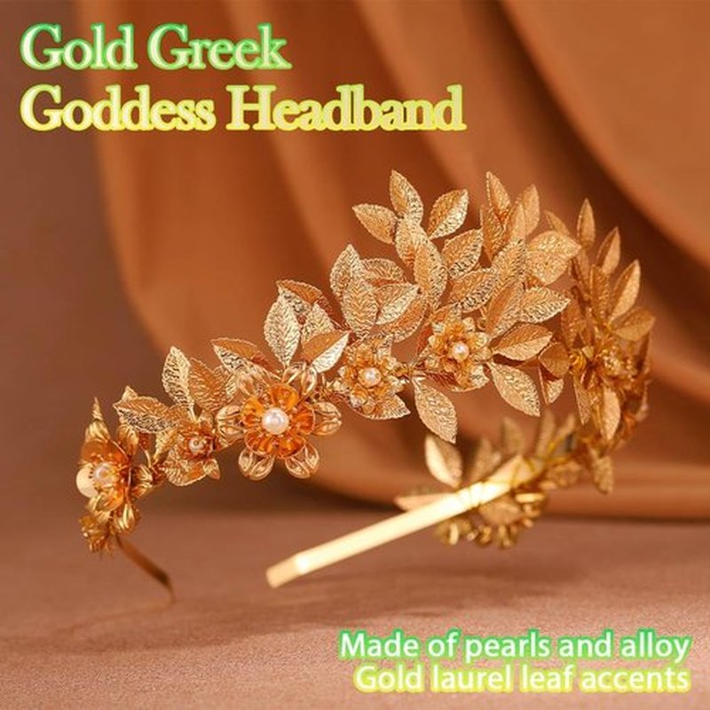 Brishow Gold Leaf Tiara Headband, Greek Goddess Laurel Crown Headpiece with Pearl Flowers for Women