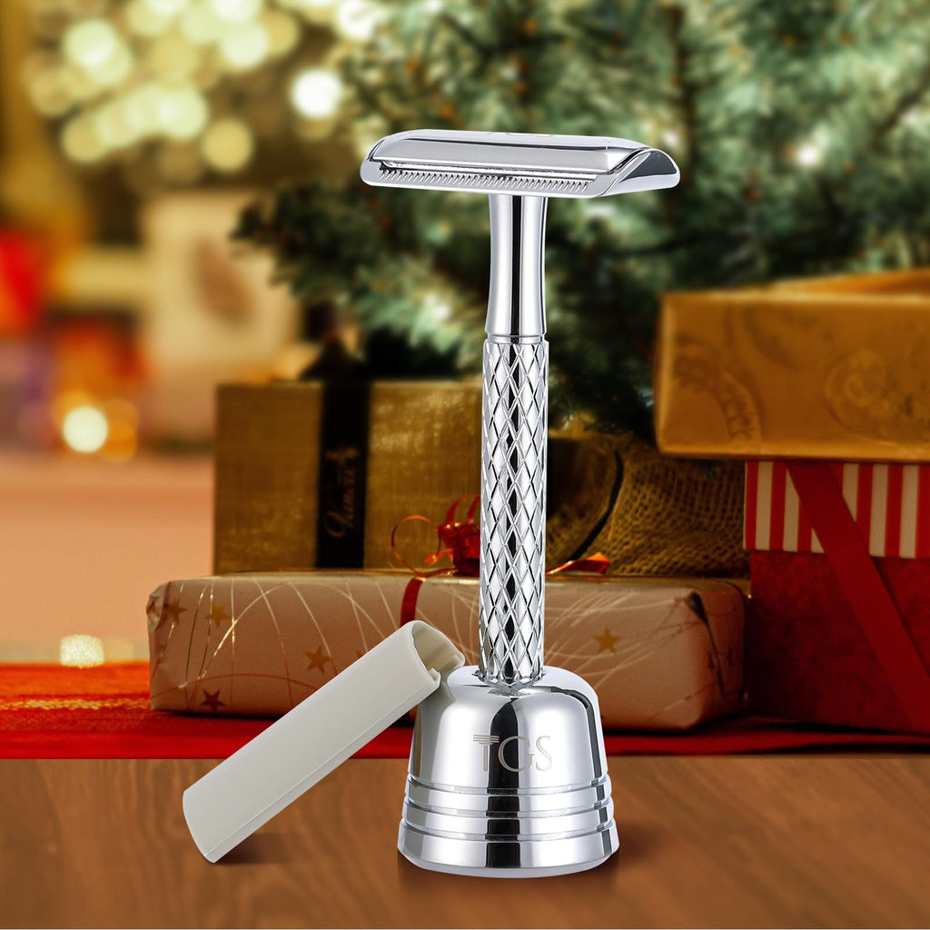 THE GROOMING SOCIETY Double Edge Safety Razor for Men with Stand and Silicone Cover - Durable Metal Eco-Friendly Single Blade Safety Razor with 10 Blades- Closed Smooth Shave (Silver)