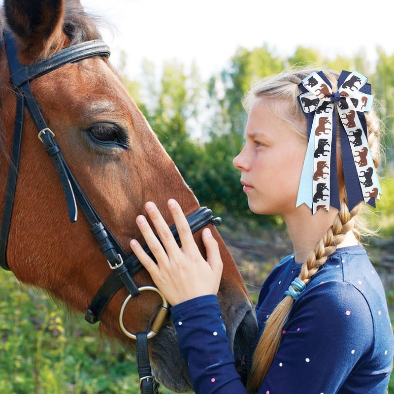 Umibow 2 Pcs Equestrian Hair Bow Clips Horse Pattern Hairpin Equestrian Show Bowknot Hair Barrettes Equestrian Hair Accessories for Horseback Riding Competitions(Light Blue, Deep Blue)