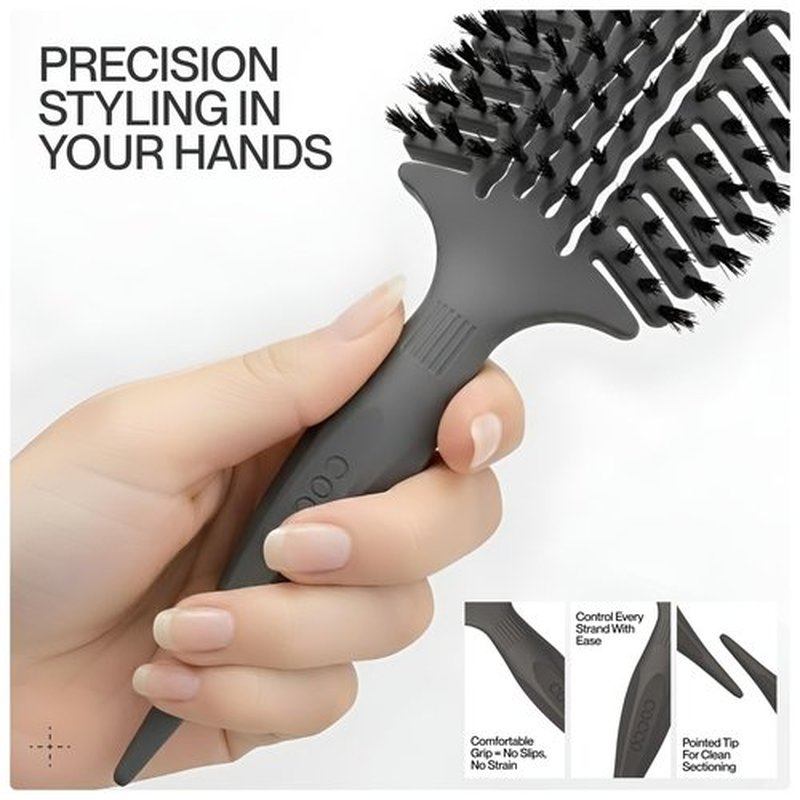 COCCO Aura Vent Boar Brush | Vented Dual-Curved Design for Faster Drying, Effortless Detangling & Shine, Boar + Nylon Bristles, Ergonomic Comfort Handle for Wet & Dry Hair Styling - Black