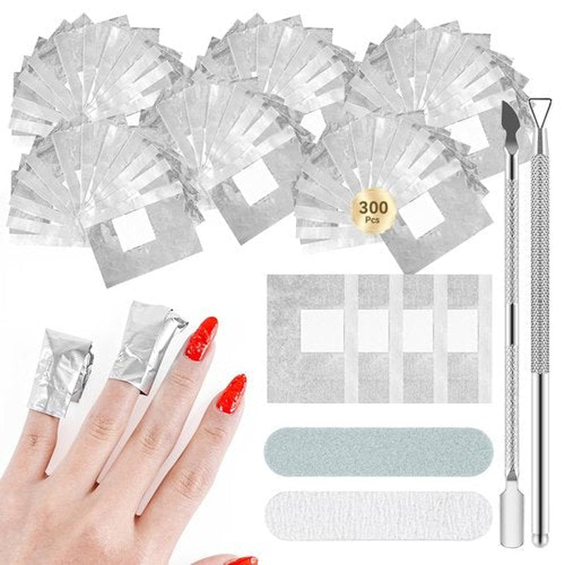 JODSONE Nail Gel Remover Foil Wraps Kit 300PCS, Soak Off Gel Polish Remover Foils with Built-in Cotton Pads, Includes 2 Nail Pushers & 2 Nail Strips for Salon or Home Use without Nail Polish Remover