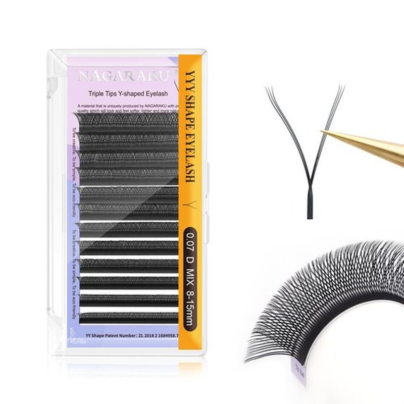 NAGARAKU 3 Tips Triple YYY Eyelash Extensions Supplies y lash 0.07mm D curl Mix Tray 8-15mm Premade 6D Easy Fan Russian Volume Faux Mink Matte 12 rows Wispies Crisscross Eye Lashes
