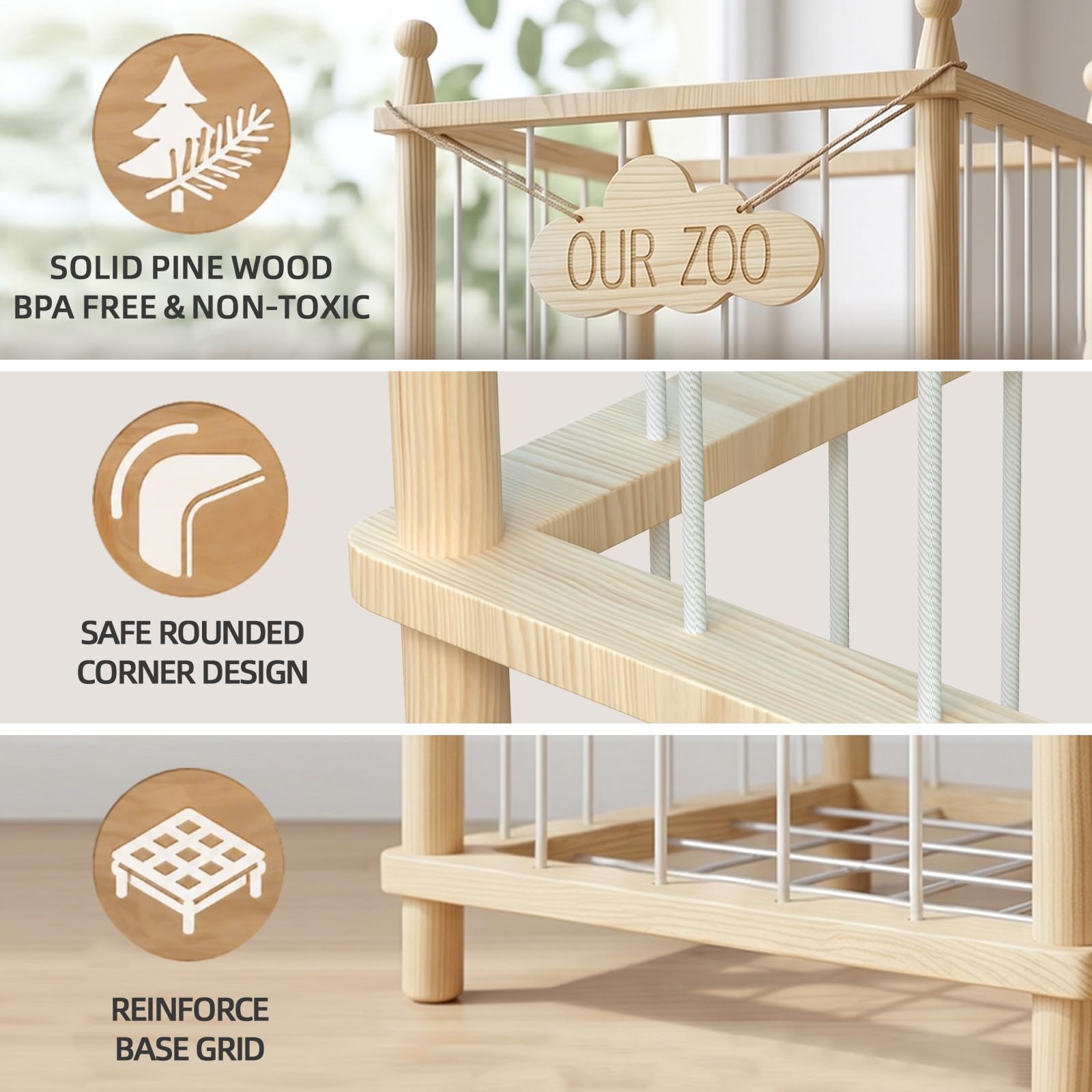 MIRCNY Stuffed Animal Storage Zoo - 54 Inch Large Wooden Toy Organizer | Anti-Tip Design Plushie Storage Rack for Nursery & Playroom | Easy Assembly