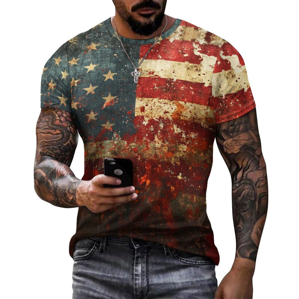 American Flag Shirt Patriotic Print Veterans Short Sleeve Crewneck Pullover T-Shirt Casual Funny Memorial Army Thankful Gift Mens Undershirt,3XL