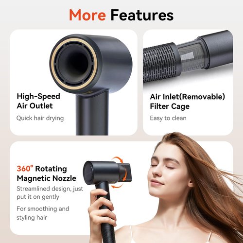 Rizzdeek Dries Hair Quickly 500 Million Ion Hair Dryer, Low Noise 160,000 RPM Professional High Speed Fast Drying Lightweight Blow Dryer with Thermo-Control, Gifts for Women for Home and Travel, Black
