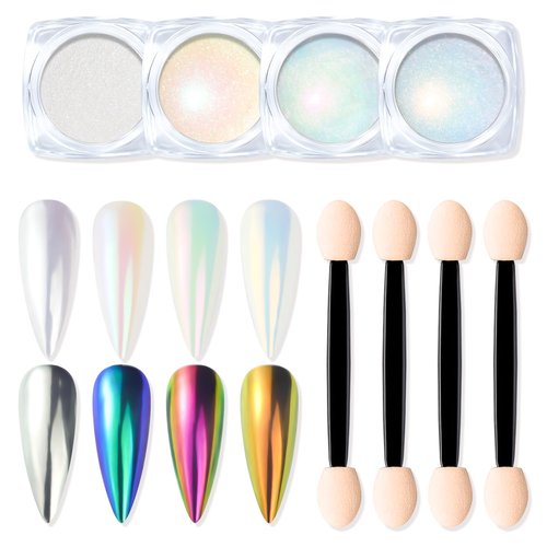 Chrome Nail Powder Kit - 4 Jar Mirror Effect Metallic Holographic Aurora Mermaid Pigment Chrome Powder for Nail Decoration, Nail Art, and Resin Crafts (0.8 g)