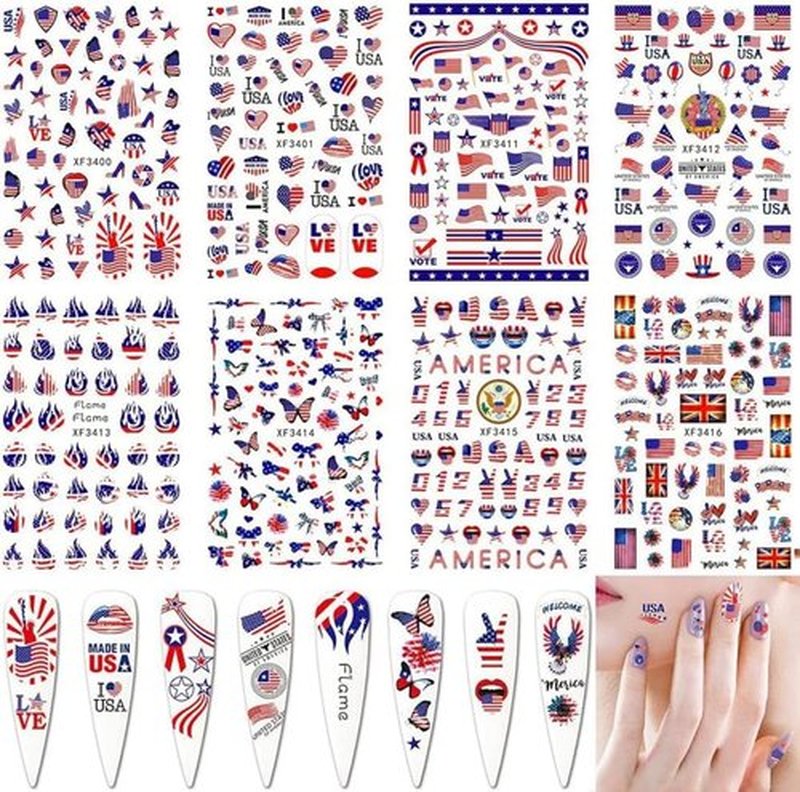 8sheets 4th of July Nail Art Stickers 3D Self-Adhesive American Flag Patriotic Independence Day Nail Decals USA Flags Butterfly Heart Star Nail Design I Love America for Memorial Day DIY Manicure