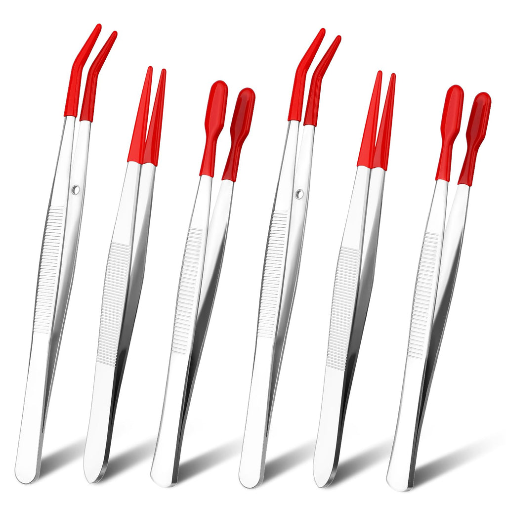 6 PCS Tweezers with Rubber Tips Set, PVC Coated Precision Tweezers, Rubber Straight Tip Tweezer Rubbers Flat Tip and Long Bent Tweezer for Craft Jewelry Beads Lab Industrial Stamps, Red