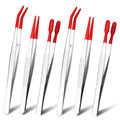 6 PCS Tweezers with Rubber Tips Set, PVC Coated Precision Tweezers, Rubber Straight Tip Tweezer Rubbers Flat Tip and Long Bent Tweezer for Craft Jewelry Beads Lab Industrial Stamps, Red