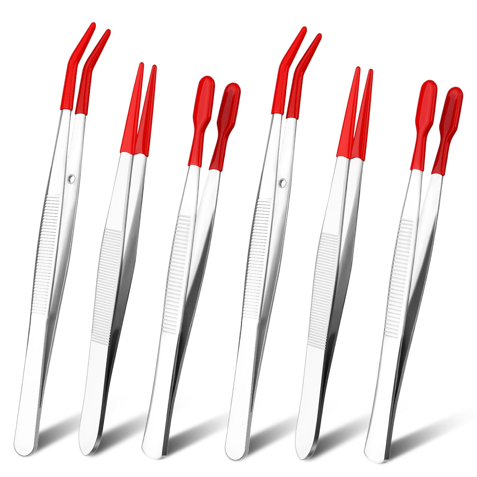 6 PCS Tweezers with Rubber Tips Set, PVC Coated Precision Tweezers, Rubber Straight Tip Tweezer Rubbers Flat Tip and Long Bent Tweezer for Craft Jewelry Beads Lab Industrial Stamps, Red