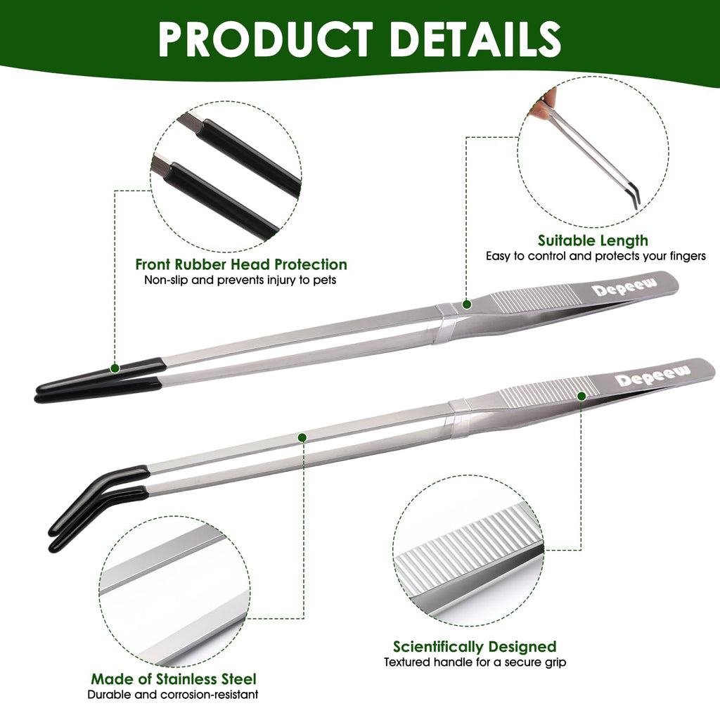 Depeew Reptile Feeding Tongs, Stainless Steel Long Tweezers Set, 4 Pack