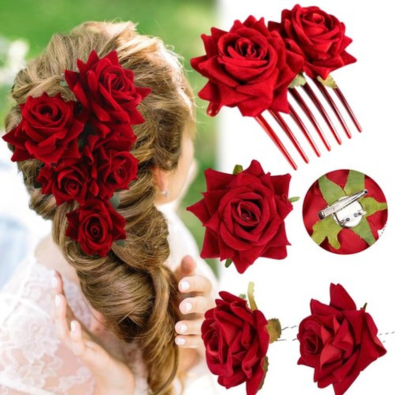 ASTRYAS 4 Pieces Red Rose Flower Hair Clip Bridal Hair Pins Rose Brooch Mexican Flower Hair Accessories for Party Wedding Flamenco Dancer, Christmas Gift for Women