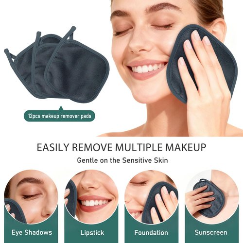 12 Pack Makeup Remover Cloth, 6" x 6" Reusable Makeup Remover Towels Face Washcloth for Washing Face, Makeup Remover Pads Cosmetic Face Wash (Grey)