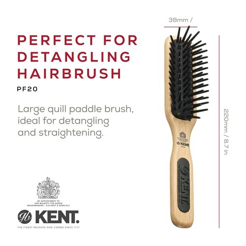 Kent PF20 Narrow Cushion Paddle Brush - Tames Fat Pins, Detangles Thick & Curly Hair | Scalp Massager & Growth Stimulator