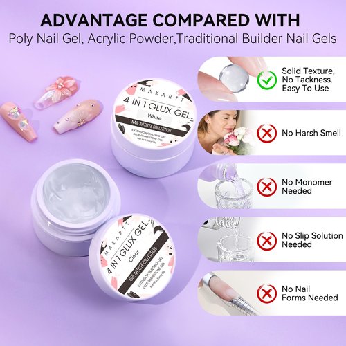 Makartt 3D Gel Nail Art for Nails Starter Kit: Clear and White 3D Sculpting Gel Non-Sticky Molding Carving Glue Extension Builder DIY Manicure Gold & Silver Chrome Powder Solid Soak Off Hard Gels