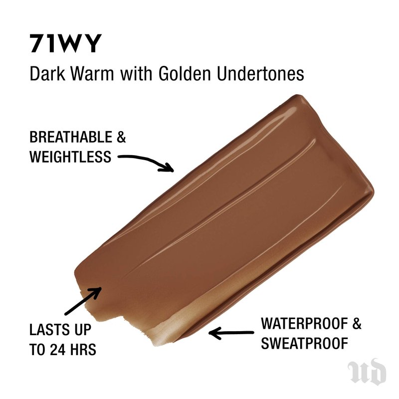 Urban Decay Stay Naked Weightless Liquid Foundation (71WY - Dark Warm - Golden Undertone), Waterproof Face Makeup, Buildable Medium Coverage with No Caking, Real-Skin Matte Finish - 1 fl oz