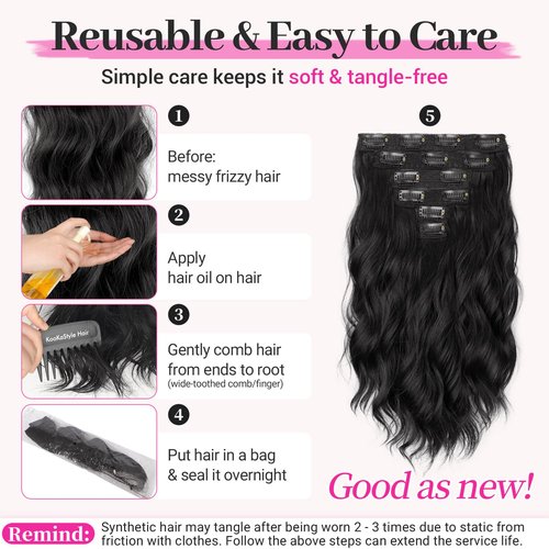 KooKaStyle 14 Inch Clip In Hair Extensions, 6 Pieces Short Hair Extensions, Wavy Curly Synthetic Lace Weft, Lightweight Natural Volume for Women – Black