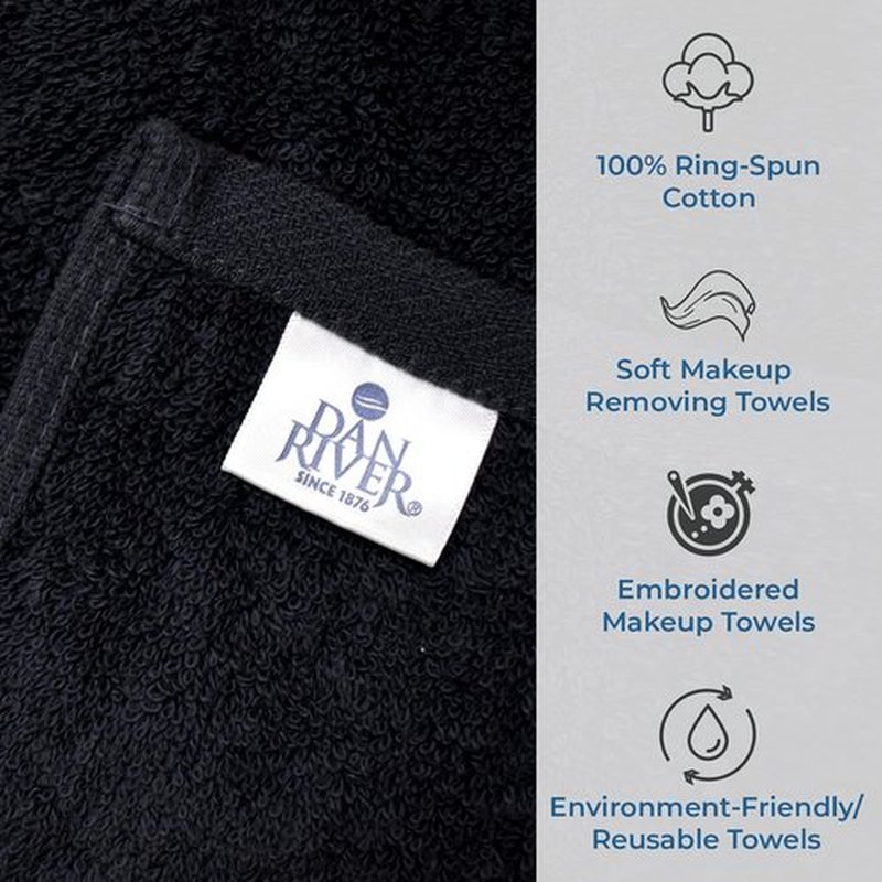 DAN River Black Makeup Towels - Pack of 6 (13x13 in) - Ultra Soft Cotton Face Towels with Embroidery - Reusable, Quick-Dry & Machine Washable Makeup Remover Cloths for Bathroom, Spa & Salon