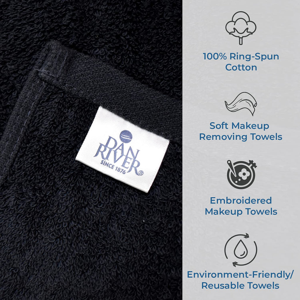 DAN River Black Makeup Towels - Pack of 6 (13x13 in) - Ultra Soft Cotton Face Towels with Embroidery - Reusable, Quick-Dry & Machine Washable Makeup Remover Cloths for Bathroom, Spa & Salon