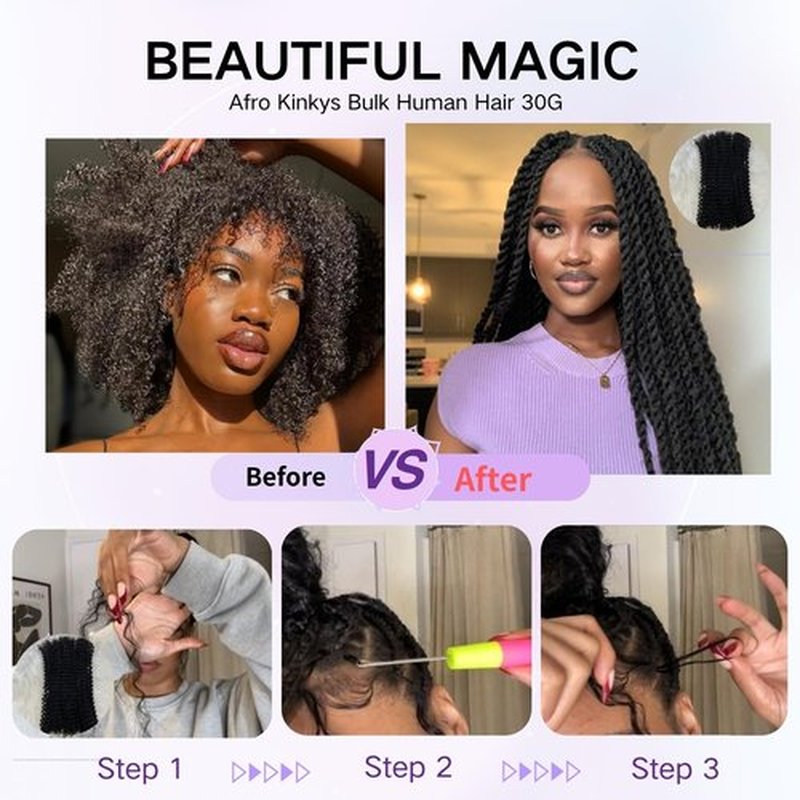 Afro Kinkys Bulk Human Hair 30g/Pack 16 Inch Natural Black Afro Kinky Curly Human Braiding Hair for Dreadlock Extensions 100% Curly Human Hair for Mini Twist,Micro Locs,Repair Locs