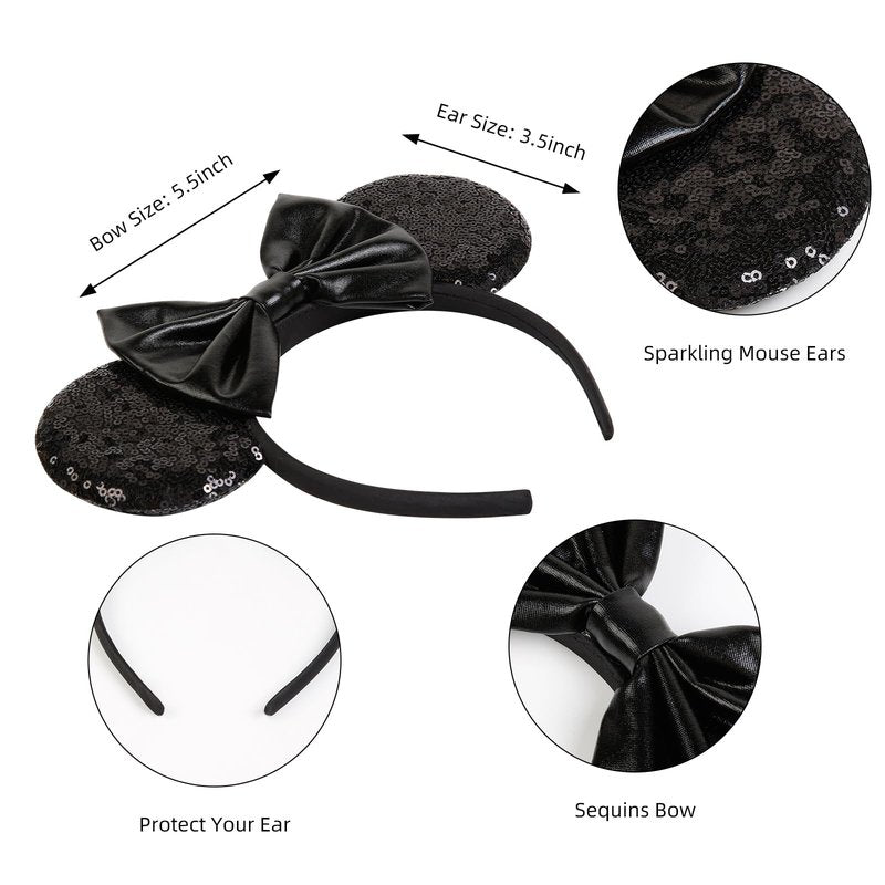 WOVOWOVO Mouse Ears Headbands for Women Black Bow Mouse ear Headband Sequin Hairbands Halloween Christmas Birthdays Party Hair Accessories