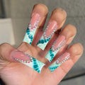 IMSOHOT Long Square Press on Nails Green Crocodile Print French Tip Fake Nails with Rhinestone Designs Full Cover Glossy Acrylic False Nails for Women 24Pcs