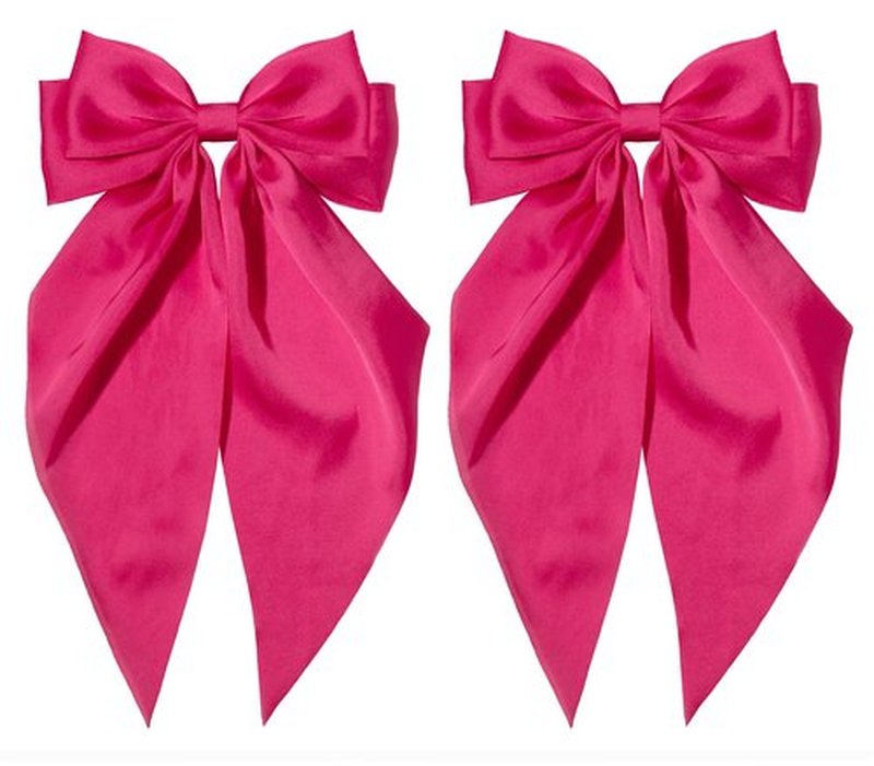 Pink Hair Bow for Women - Furling Pompoms Pack of 2 Hot Pink Bow Clips for Hair,Satin Big Bows Long Tail Alligator Clip Ribbon Large Pink Hair Accessories for Girls Women Teens