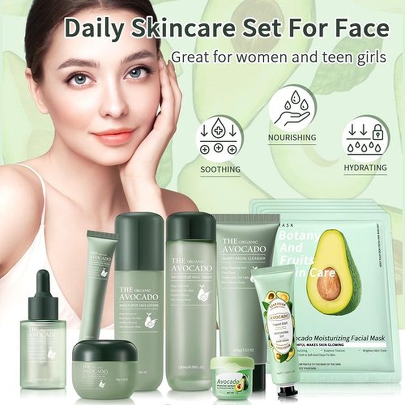 Avocado Skin Care Set, 13-In-1 Travel Skincare Kits for Hydrating & Soothing Skin, Daily Care Routine Kit with Avocado, Anti Aging Facial Kit for Women, Reduces Acne, Fine Lines & Wrinkles.