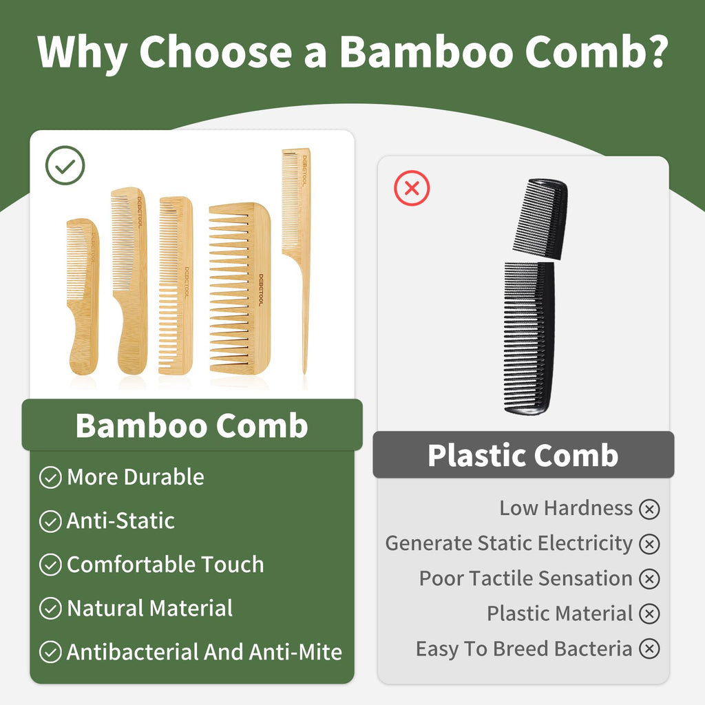 DEBETOOL 5 Pieces Bamboo Comb Set - Natural Wooden Combs for Women Hair Growth, Anti-Static Wood Comb for Curly/Thick Hair Daily Use