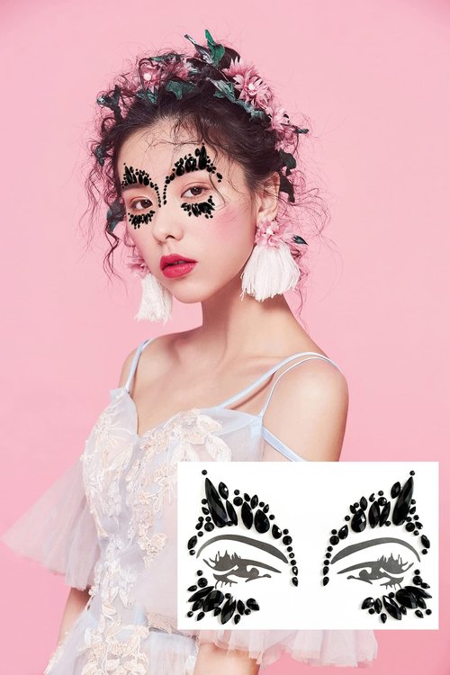 Kotbs Mermaid Face Jewels - 4-Sheet Black Festival Sticker, Body Rhinestone Gems Rave Rainbow Face Crystals for Halloween, Music Carnival Festival Party Makeup