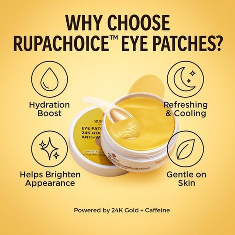 Rupachoice Under Eye Patches, 24K Gold Hydrogel Eye Patches with Caffeine + Niacinamide + Ectoin, Cooling Depuffing Eye Gel Pads for Dark Circles, 30 Pairs (60 Pieces)