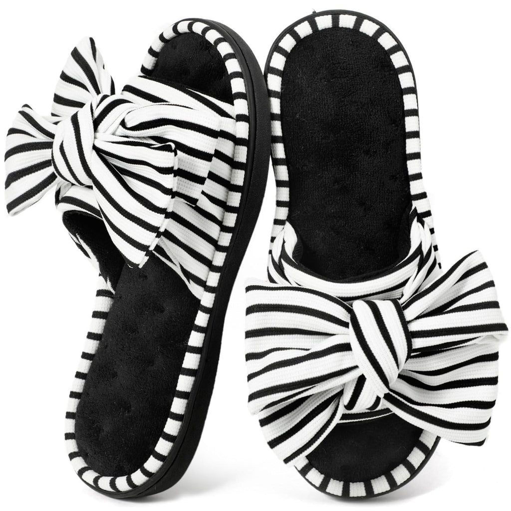 ULTRAIDEAS Womens Indoor Outdoor Slippers, Memory Foam Open Toe Cute House Shoes for Bedroom with Bow Design, Gift for Women(Black,7-8)