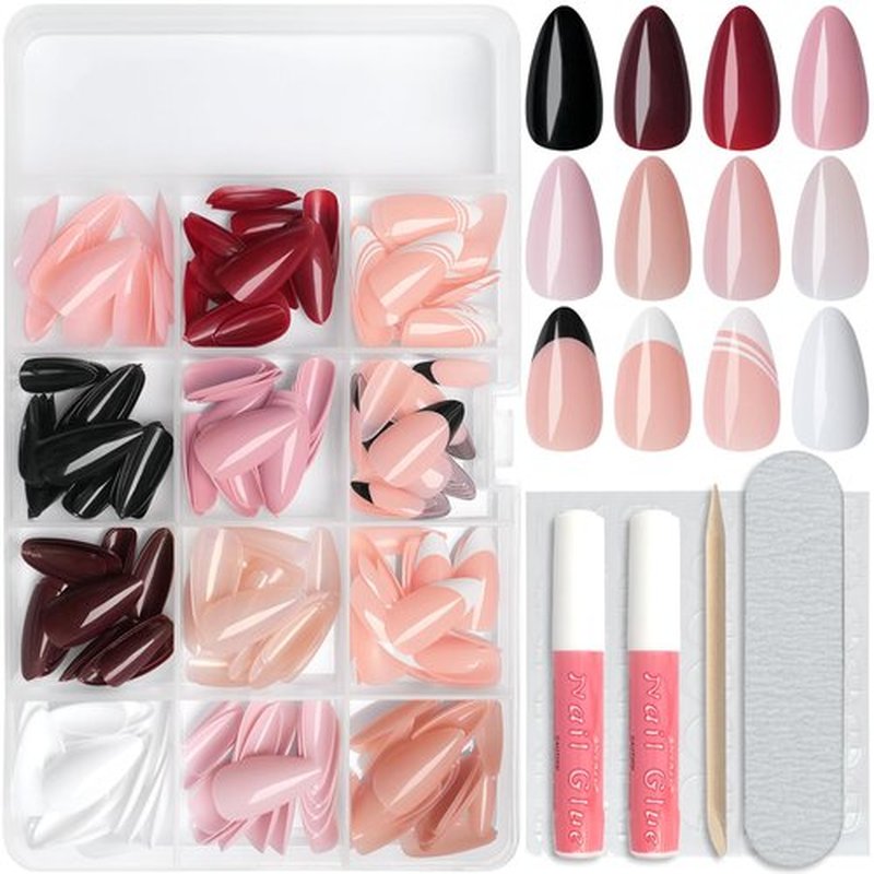 Lifextol 288pc Almond Press on Nails Medium Acrylic Nails Press on Nails French Tip Short Fake Nails with Glue and Adhesive Tabs, Glue on Nails Pack False Stick on Nails Artificial Fingernails, Red